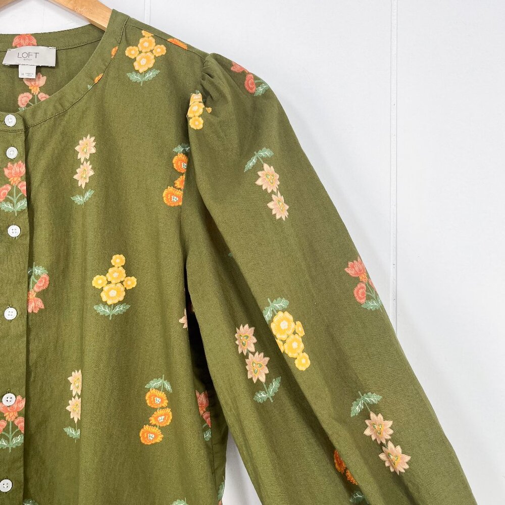 Loft Outlet Floral Button Down Blouse Balloon Sleeve Fall Boho Size Medium Green - Picture 3 of 15
